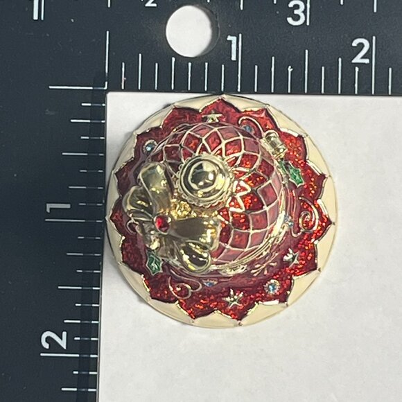 Red and Gold Jingle Bell Jeweled Enamel Trinket Box Hinged Magnetic Collectible - Picture 6 of 7